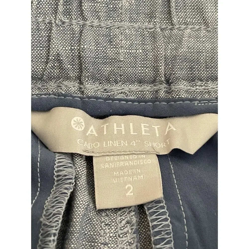 Athleta 100% Linen Cabo Shorts Pockets Pull On 4” Shorts Size 2 Chambray Elastic